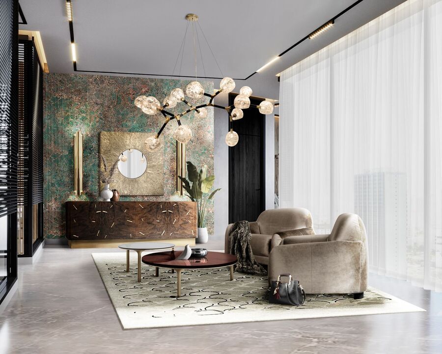Een woonkamer met meubilair en een kroonluchter die aan het plafond hangt.