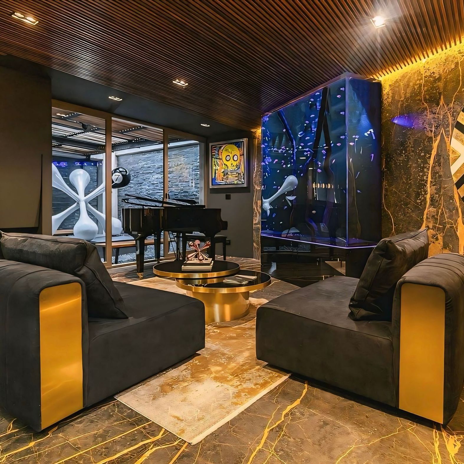 Een woonkamer met zwart-gouden meubels en een piano.
