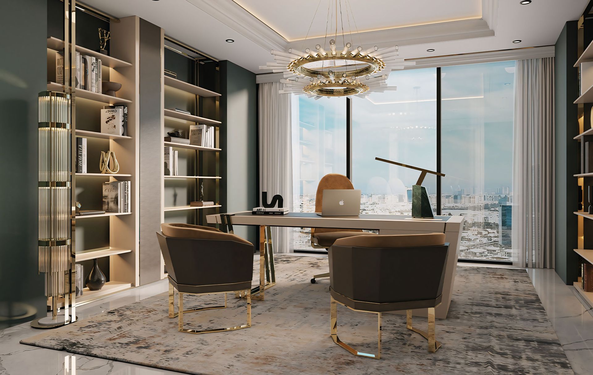 Een modern kantoor met een bureau, stoelen, planken en een groot raam.