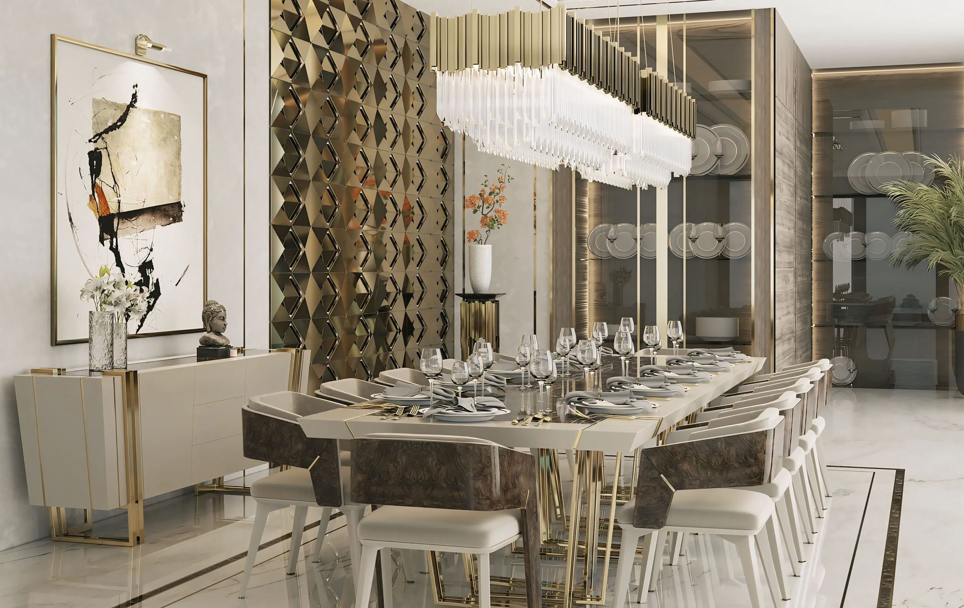 Een eetkamer met een lange tafel en stoelen en een kroonluchter die aan het plafond hangt.