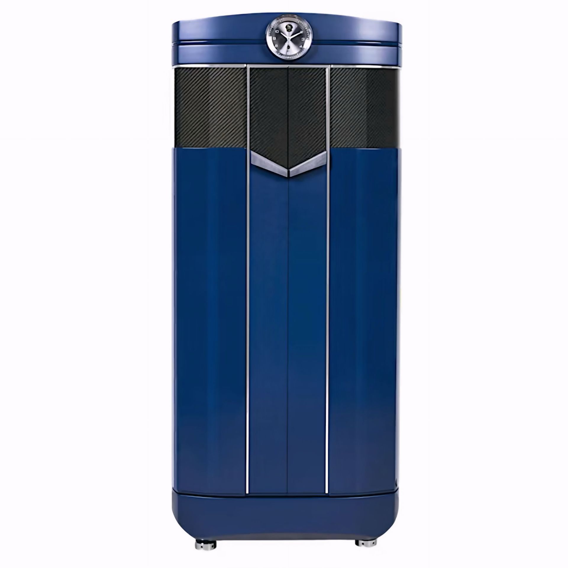 Een blauwe vuilnisbak staat op een wit oppervlak.