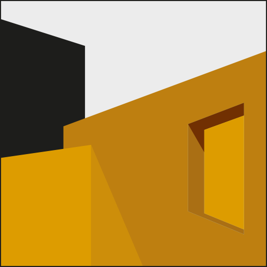 Een illustratie van een gebouw met een gele deur