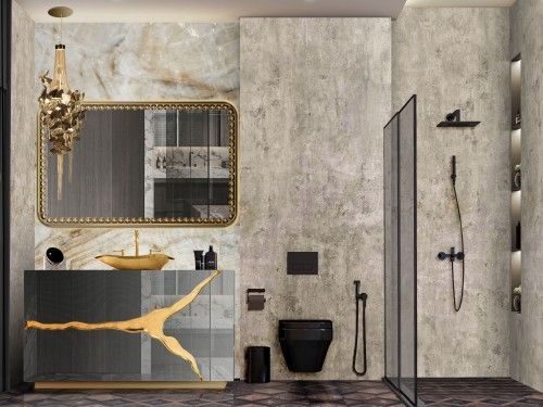 Een badkamer met wastafel, spiegel, toilet en douche.