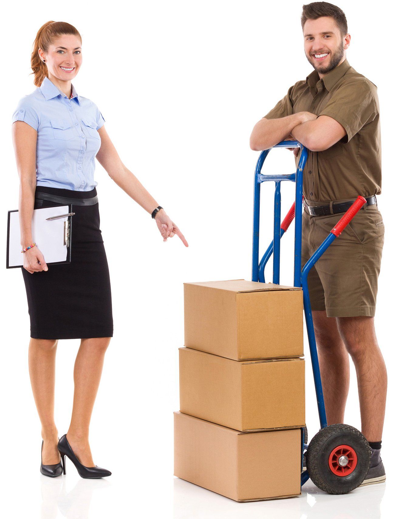 Woman in business attire points at boxes near a delivery person in uniform, standing by a hand truck.