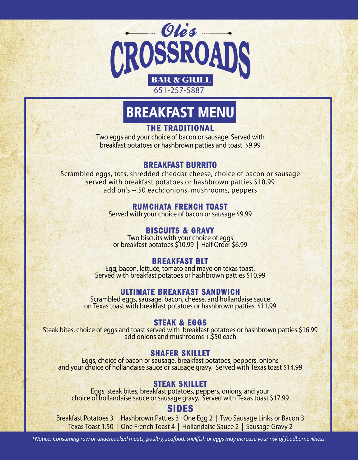 Breakfast menu from Ole's Crossroads Bar & Grille, featuring breakfast items, sides, and prices.