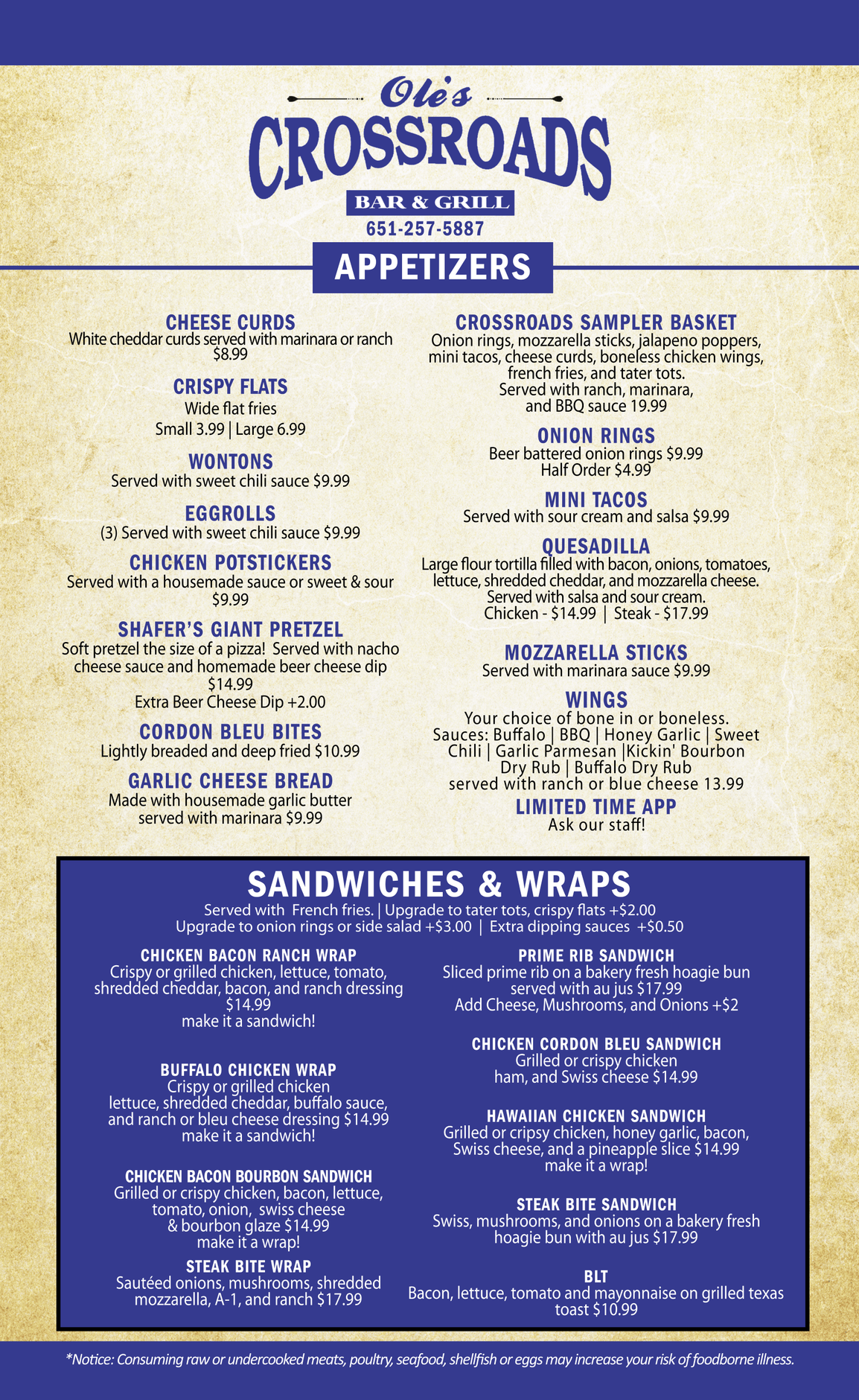 Menu for Ole's Crossroads Bar & Grill: appetizers, sandwiches, & wraps in blue and white.