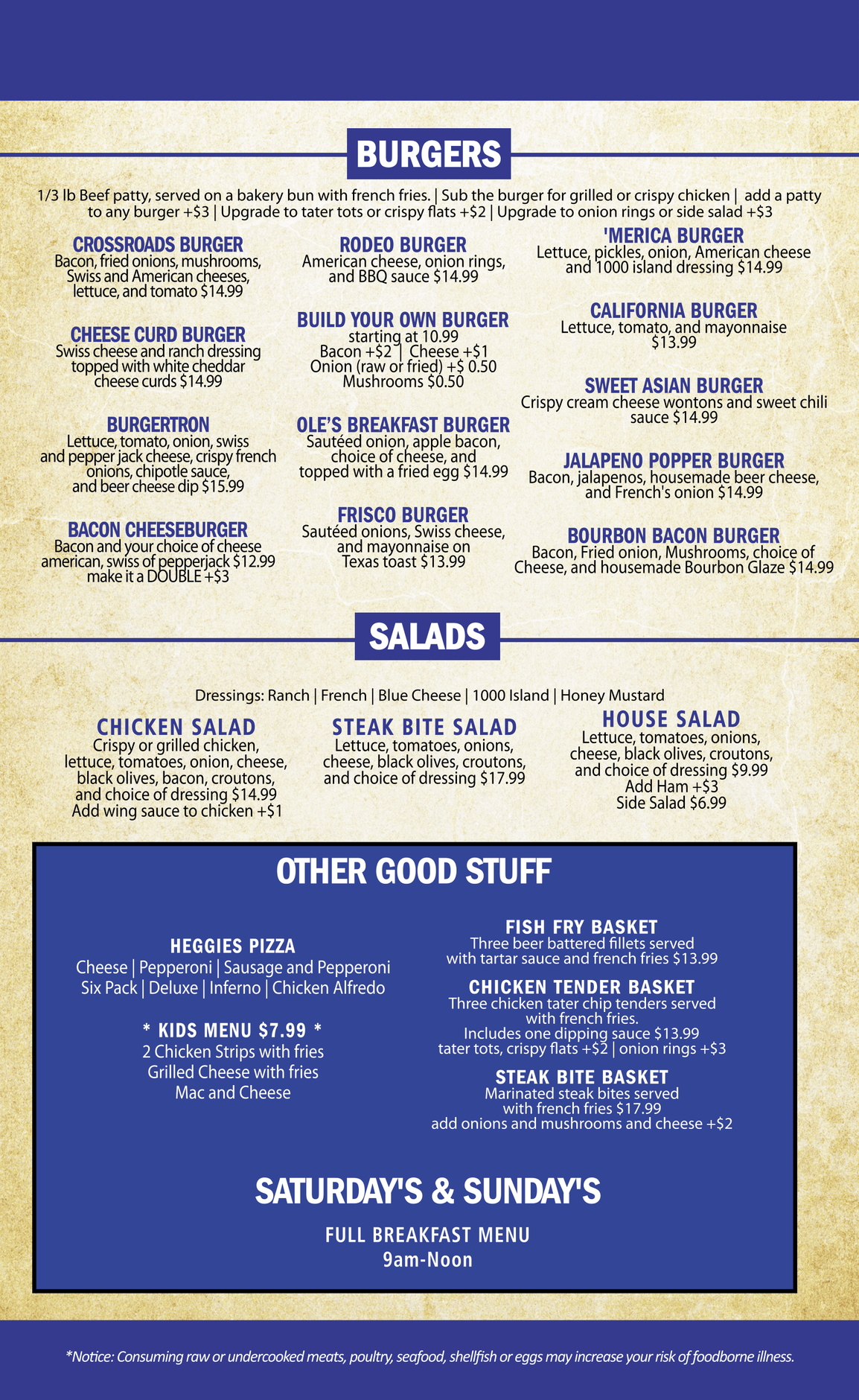 Restaurant menu with burger, salad, and other food options on a blue background.