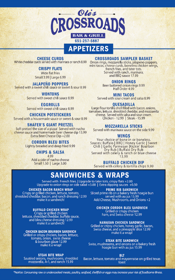 Menu for Ole's Crossroads Bar & Grill: appetizers, sandwiches, & wraps in blue and white.