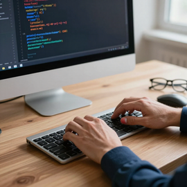Hands typing on a keyboard at a desk beside a desktop monitor showing code.