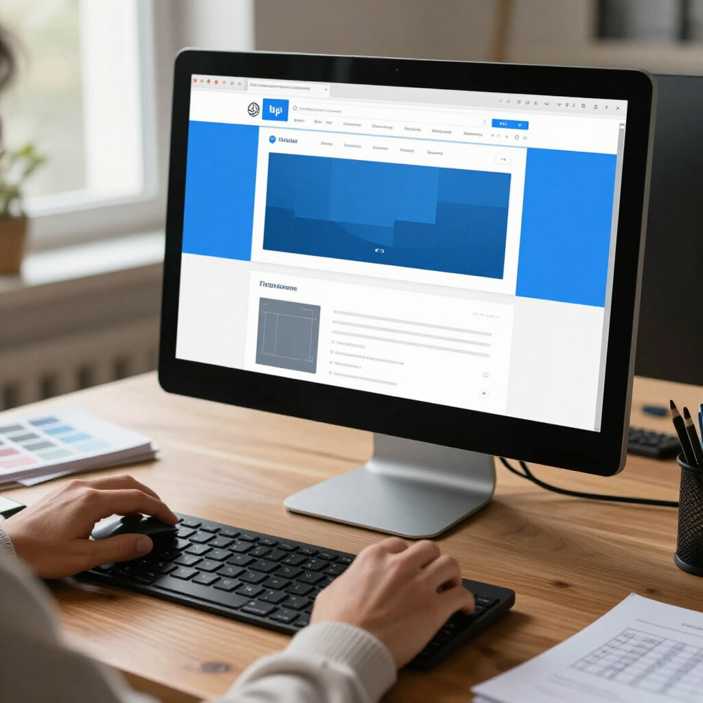 Hands typing on a keyboard at a desk with a desktop monitor displaying a blue website dashboard