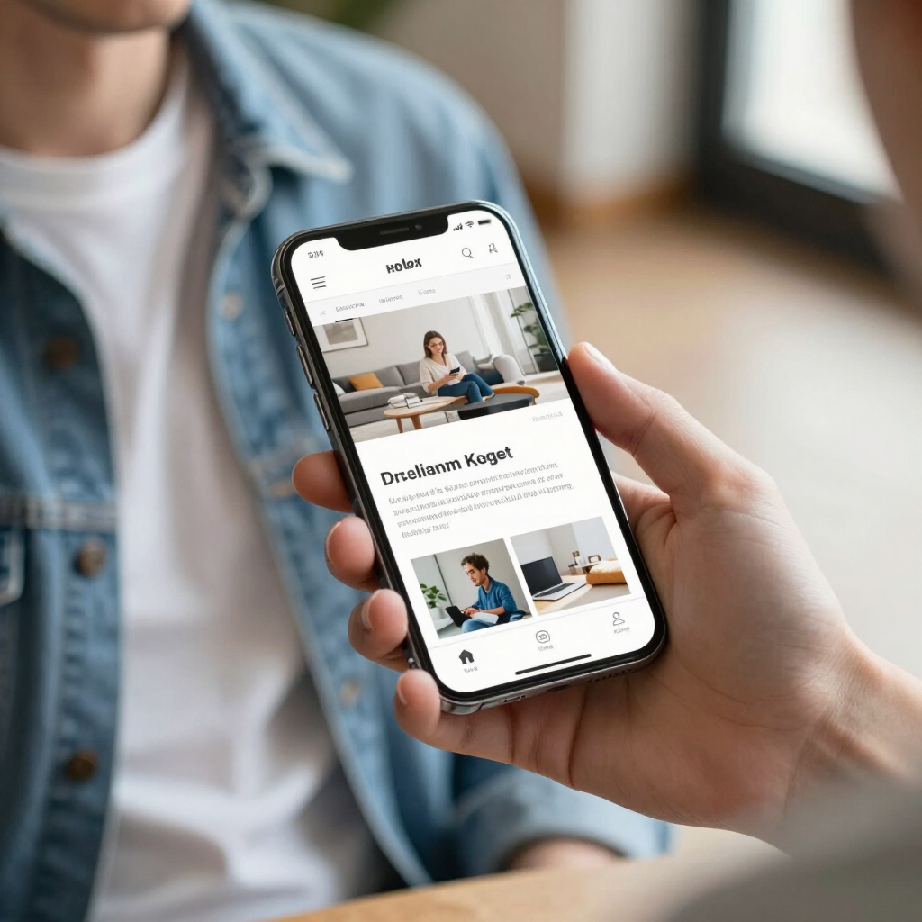 A person holds a smartphone showing a blog-style webpage in a bright indoor setting.