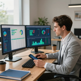 Man working at a desk with dual monitors showing analytics dashboards in a bright office