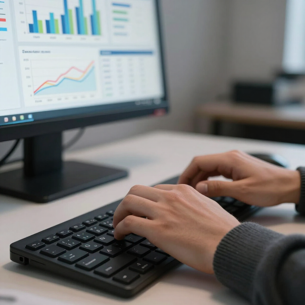 Hands typing on a keyboard beside a monitor showing analytics charts and graphs.