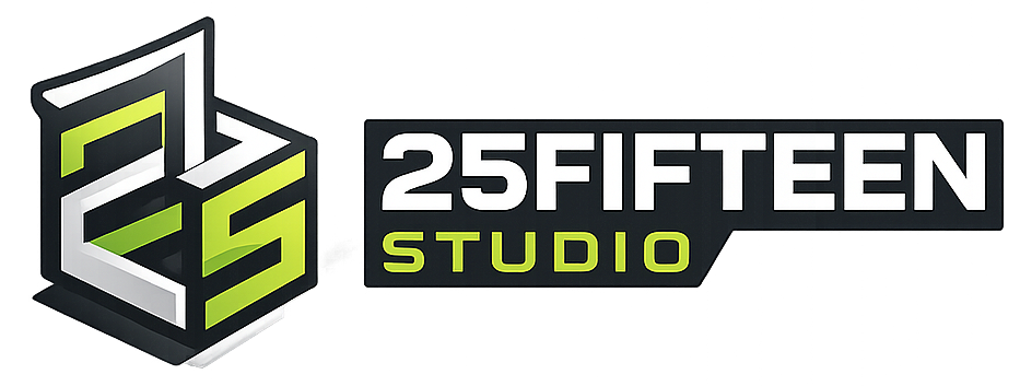 25Fifteen Studio logo with stylized green and gray “25FS” icon and bold white text on black background
