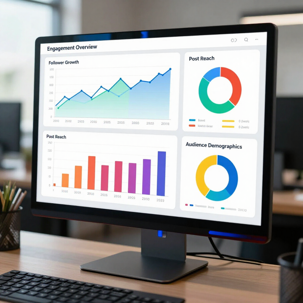 Desktop monitor displaying business analytics dashboard with line, bar, and donut charts on a desk