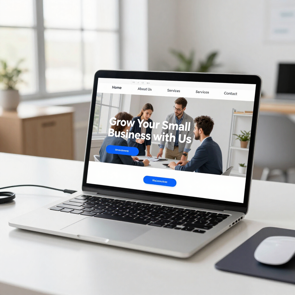 Laptop on desk showing a business website headline, “Grow Your Small Business with Us.”