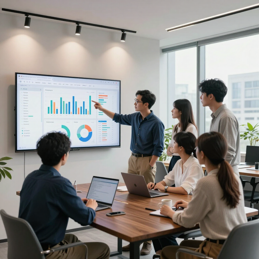 Team meeting in a bright office, presenting charts on a wall-mounted screen around a conference table