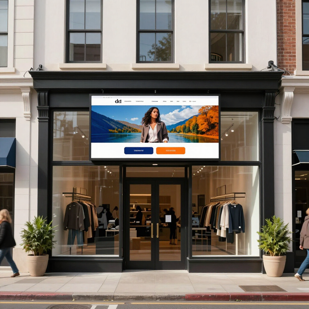 Modern storefront with large digital sign, glass entrance, and clothing displays inside
