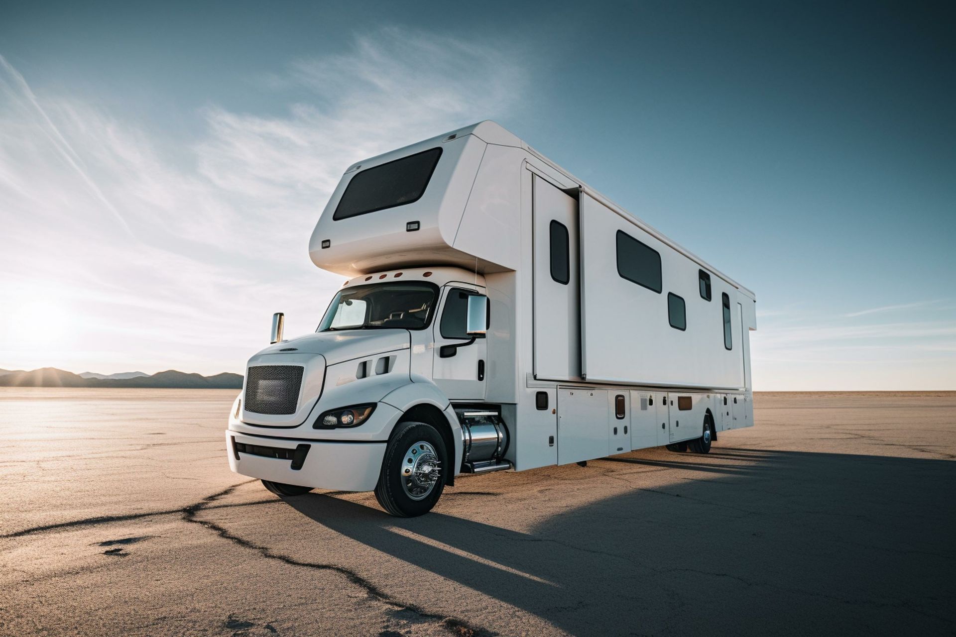 A large white rv is parked in the middle of a desert.