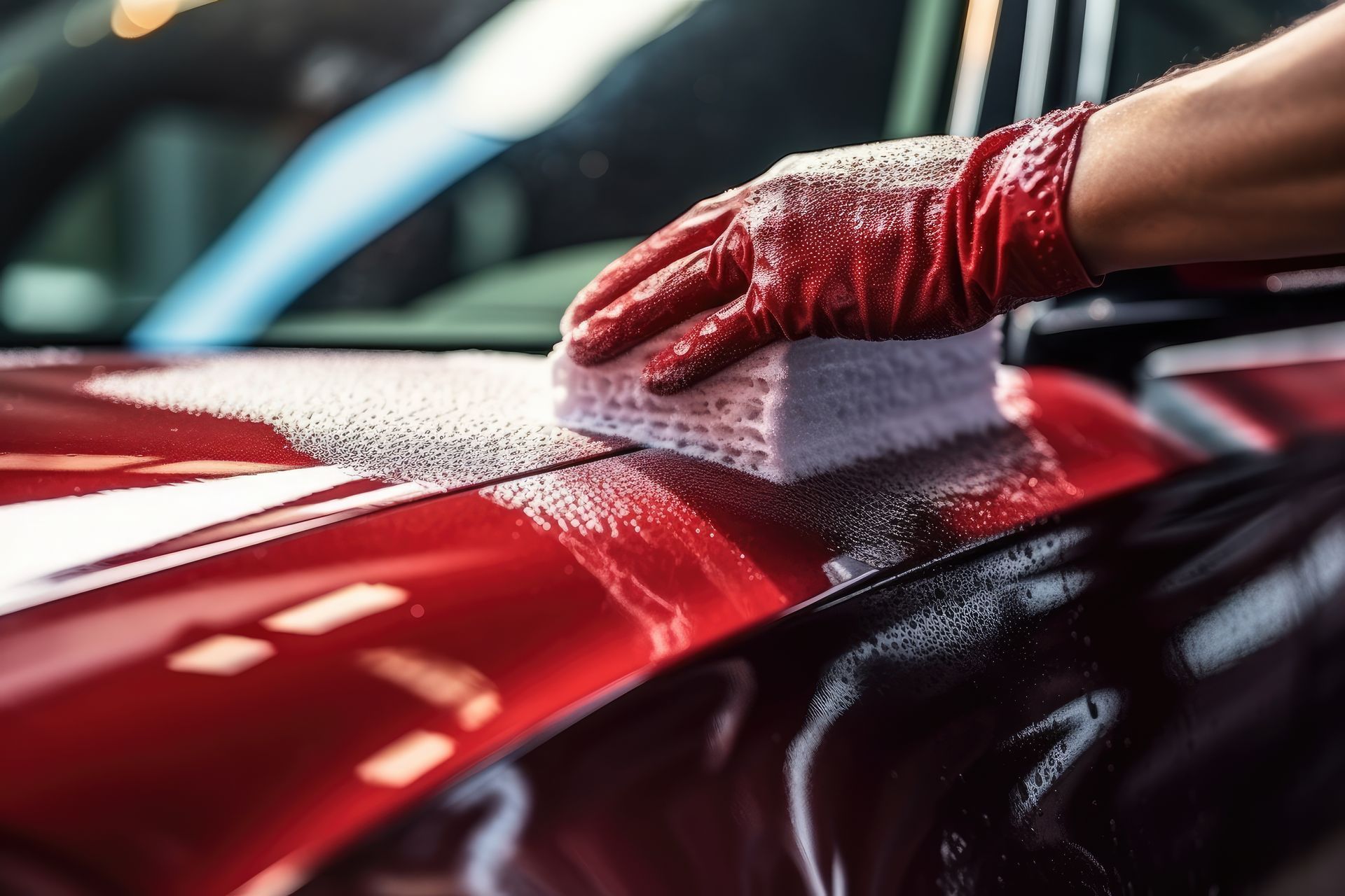 A person wearing red gloves is cleaning a red car with a sponge.