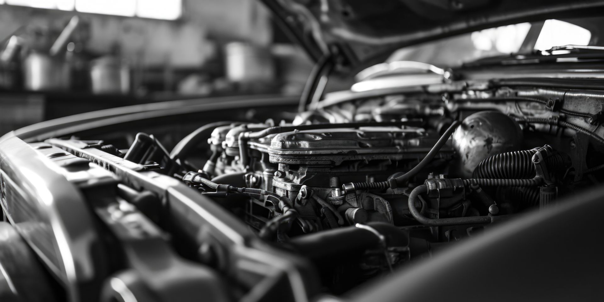 A black and white photo of a car engine with the hood open.