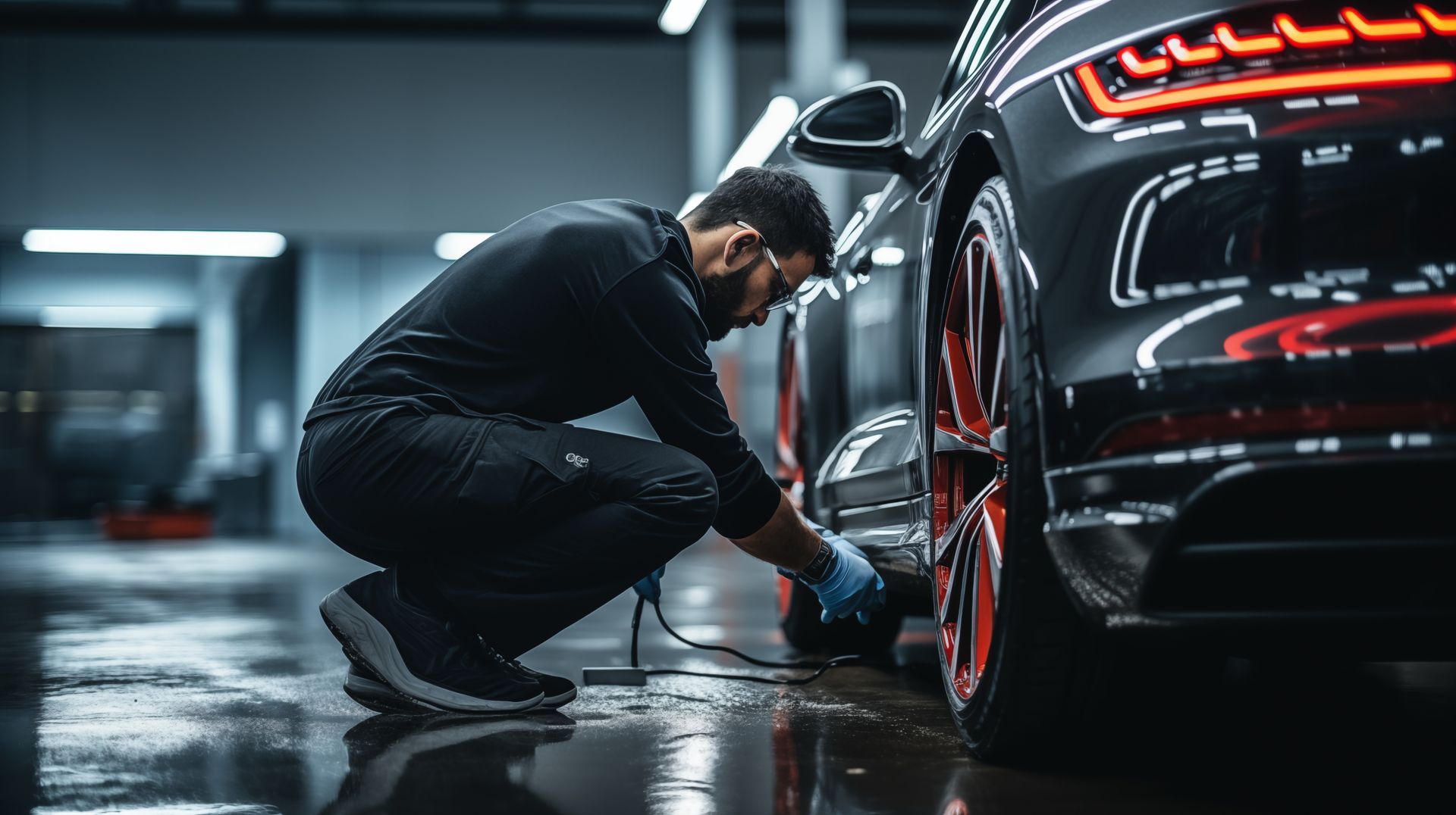 A man is kneeling down in front of a black car.