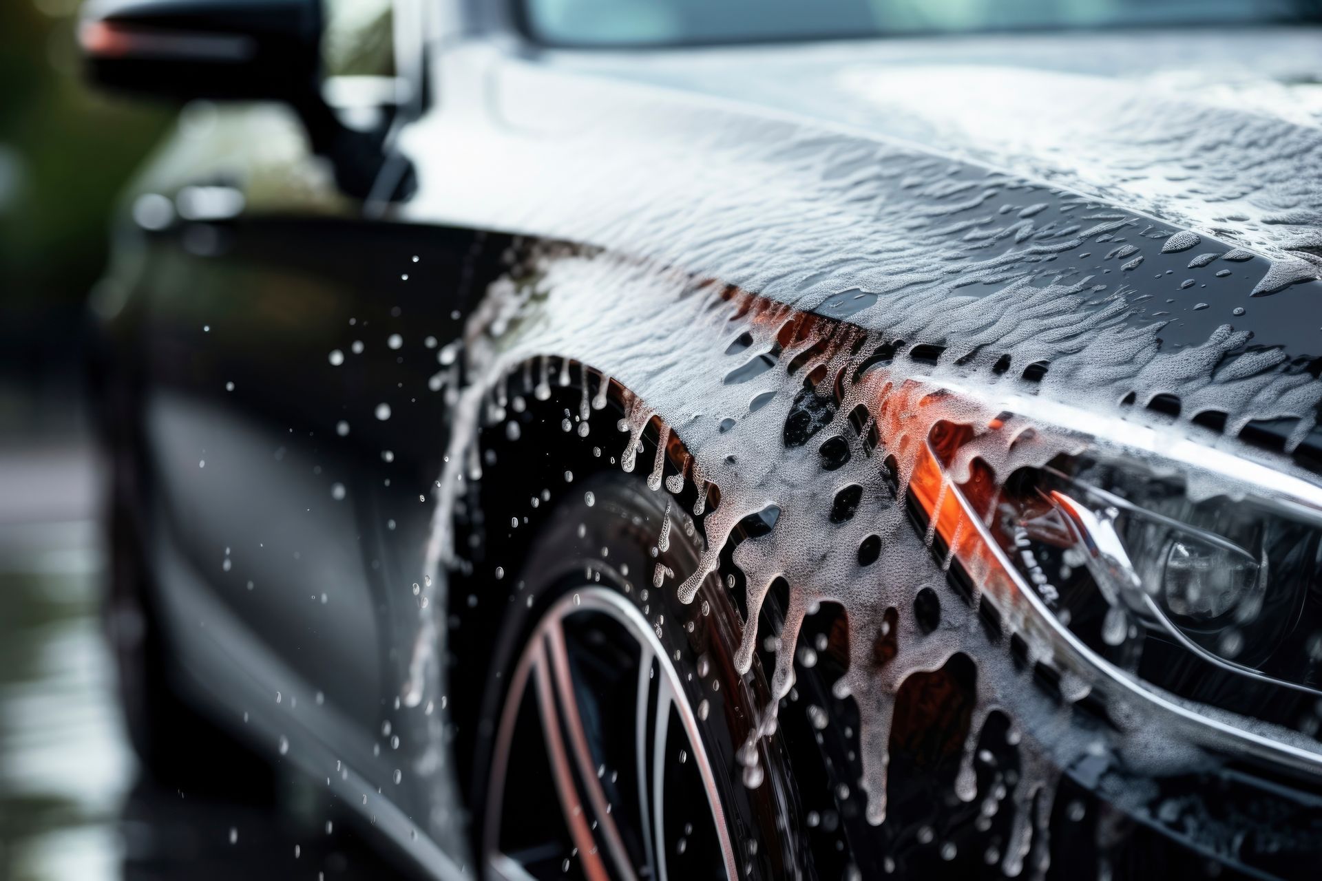 A black car is being washed with soap and water.