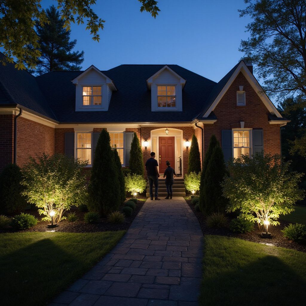 Brick house at dusk with lit windows, garden lights, and two people standing on the front porch.