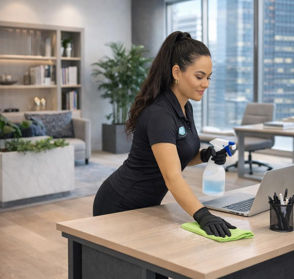 Cleaner wiping a desk in a modern office, holding a spray bottle and cloth.