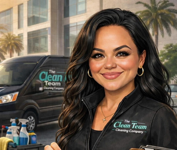 Portrait of a smiling woman in a black uniform beside a Clean Team van with cleaning supplies and palms behind her