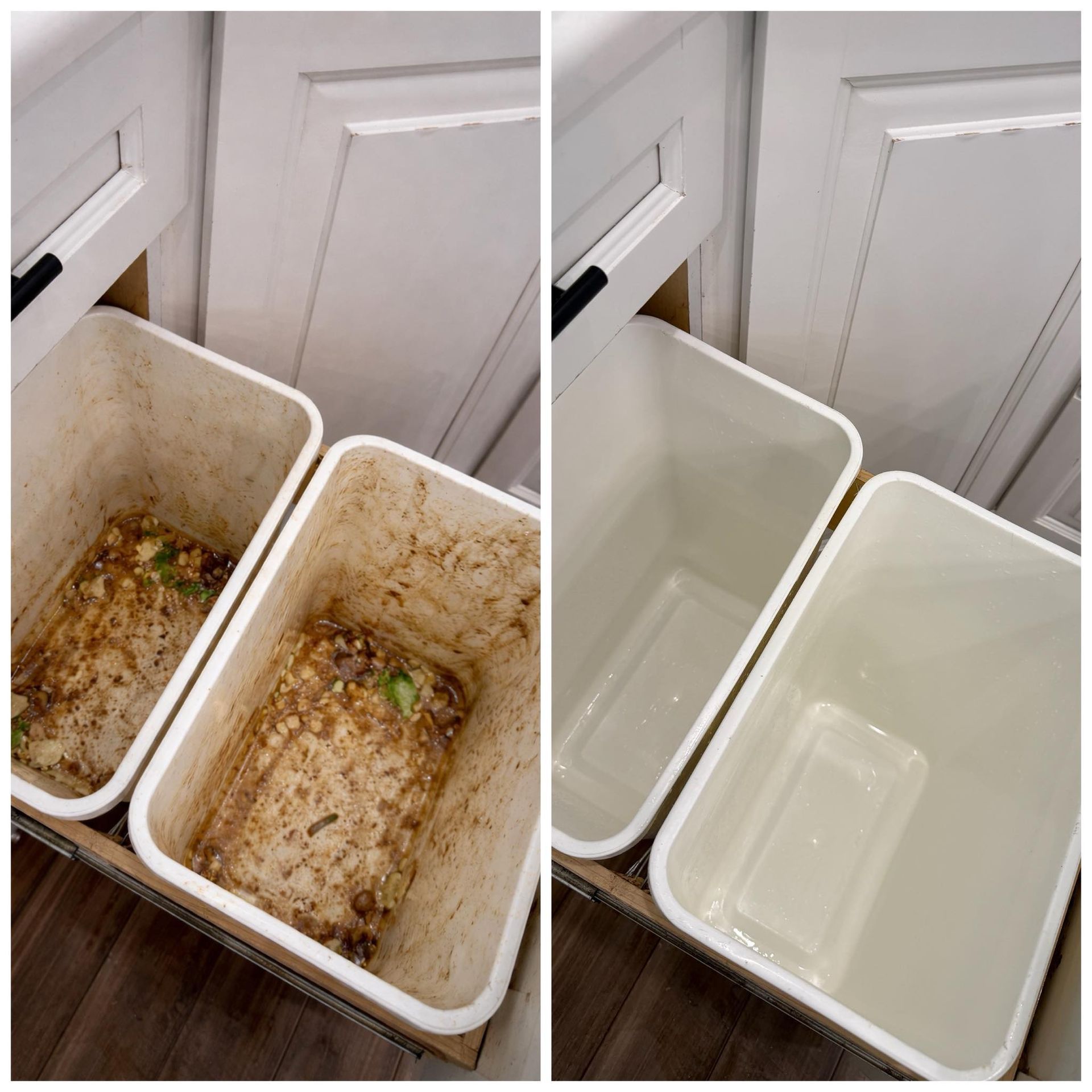 Two dirty white bins beside a door, shown before and after cleaning, with residue on the left and clean interiors on the right