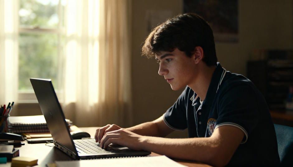A Chesapeake high school student sitting at a desk during a virtual hypnosis session before exams