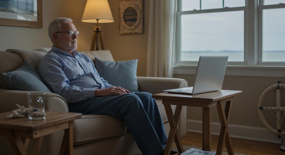 A Chesapeake man sitting comfortably at home during a virtual hypnosis session on his laptop