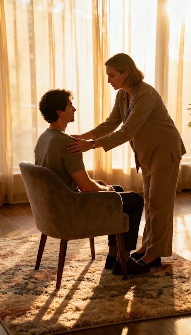 A hypnotherapist guiding a client in a softly lit room, calm safe atmosphere, soft textured rug