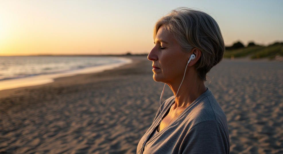 A mature client breathing calmly while listening to guided hypnosis through earbuds