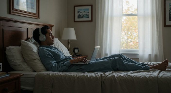 A peaceful Chesapeake resident laying back  with her headphones sitting on her bed w her computer