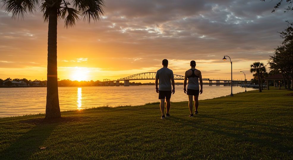 A peaceful sunset walk along the Intracoastal Waterway, man and woman in fitness clothing