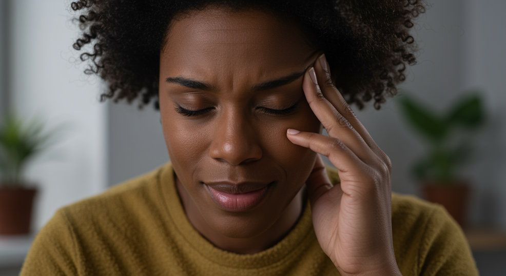 A person massaging their temple with one hand, calm smile indicating migraine relief, warm indoor light, ultra-realistic texture