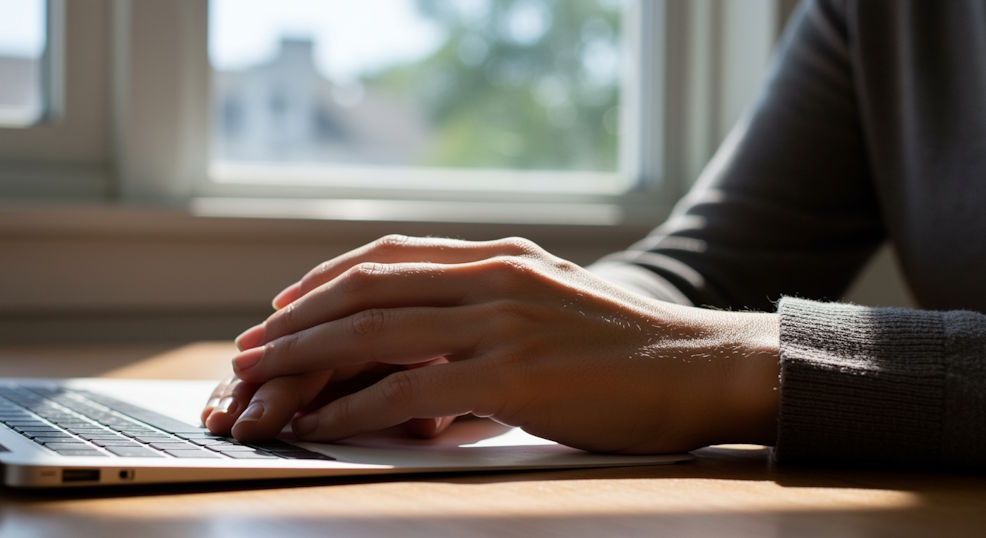 close-up of hands resting calmly on a desk, nails clean and healthy in a Chesapeake classroom