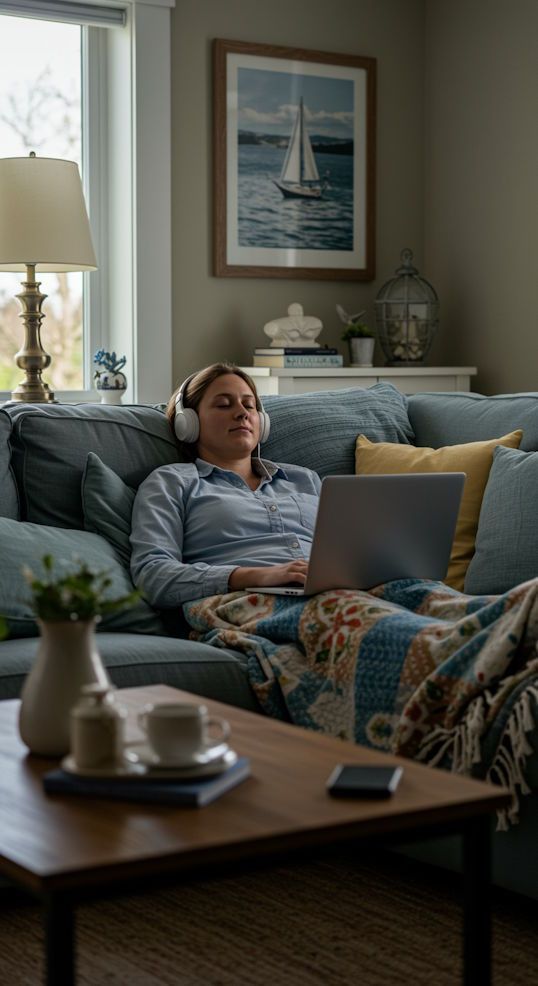 Chesapeake client leaning back on their couch with headphones, blanket, and laptop