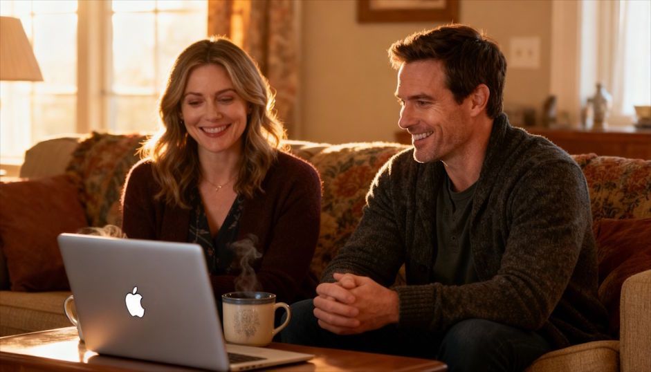 Chesapeake couple at home smiling and discussing their virtual hypnosis progress