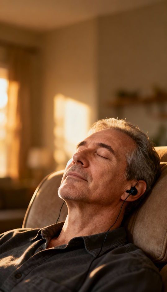 Chesapeake man relaxing in recliner listening to guided hypnosis audio for pain relief