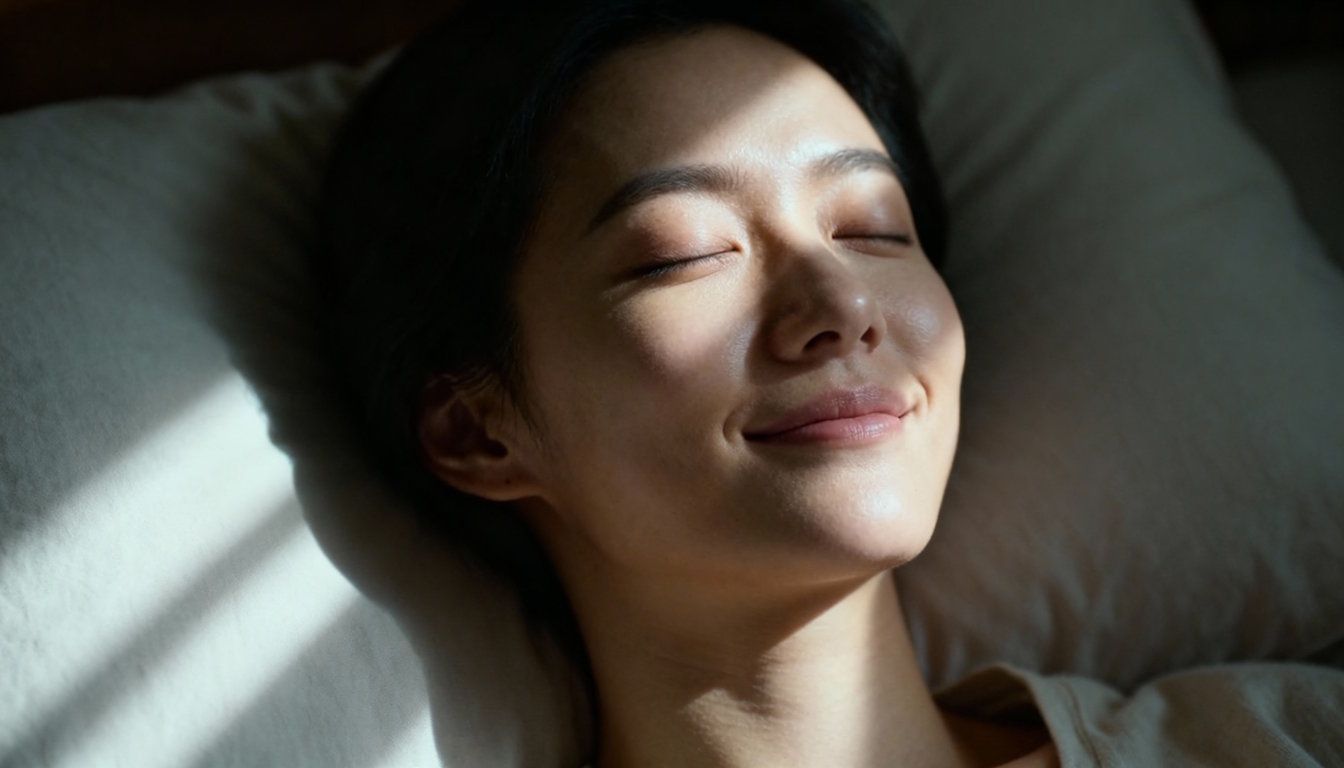 Chesapeake woman breathing slowly with closed eyes as sunlight peeks into her window in the morning