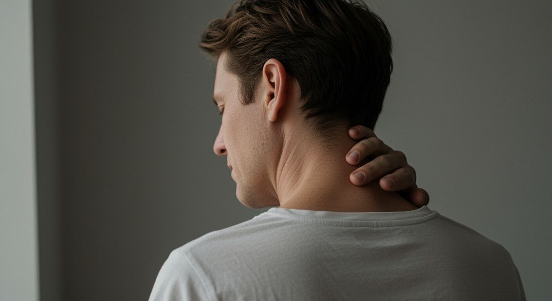 Client rubbing the back of his neck gently, experiencing chronic pain and discomfort