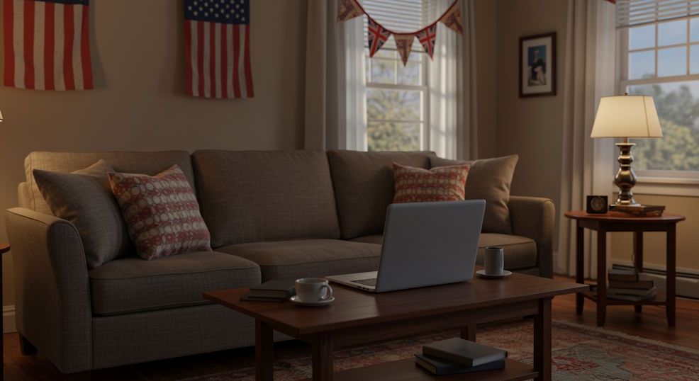 Cozy Chesapeake living room with patriotic decor with laptop on coffee table in online hypnosis call