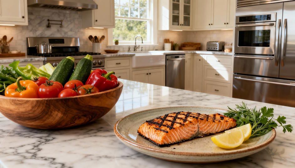 Healthy meal preparation scene in a modern Chesapeake kitchen—fresh vegetables, grilled salmon