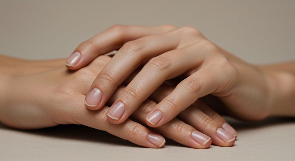 Macro shot of calm hands gently clasped, no visible skin damage, symbolizing healing from nail and skin picking