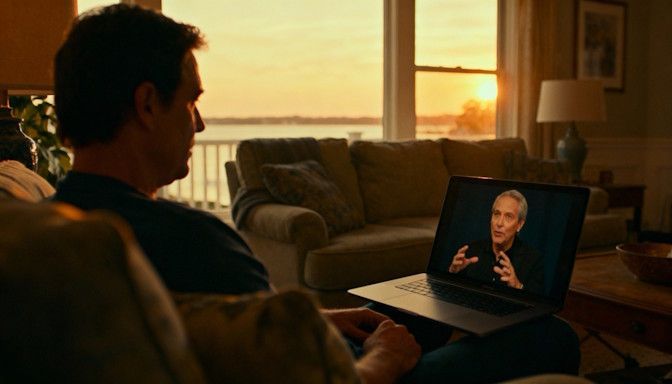 Man in his Chesapeake VA living room at sunset with his laptop during remote hypnosis session