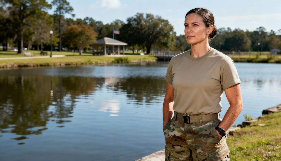 female veteran by Great Bridge Battlefield Park water, hands in pockets, confident calm expression