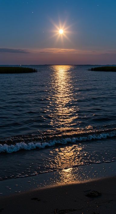 gentle waves lapping Chesapeake Bay shore at twilight with moonlight shining down on the calm water